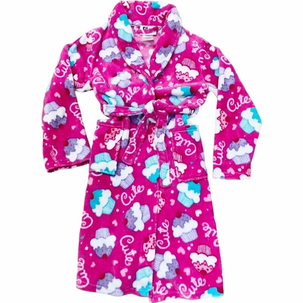 NWOT PJ & Me Girls Hot Pink Cupcake Fleece Bathrobe Medium SZ 8 Cozy Soft Girly